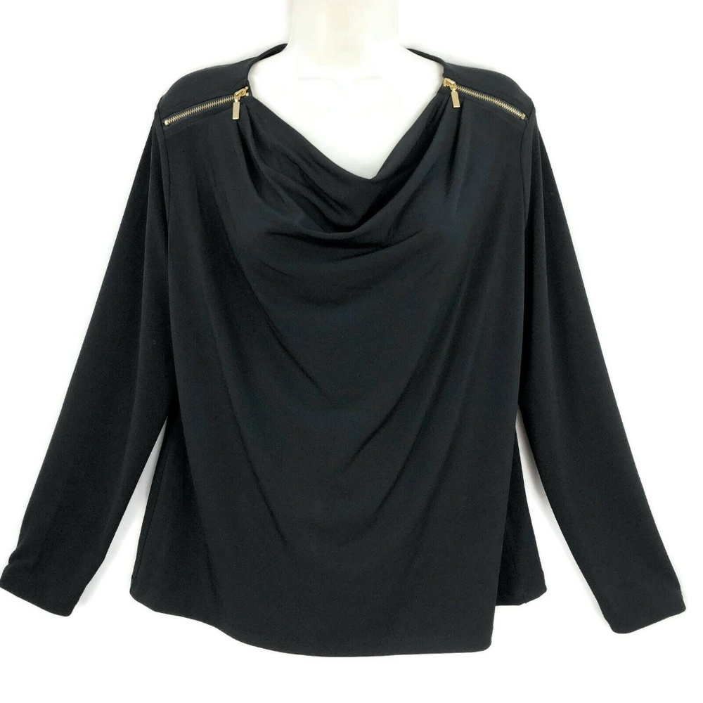 Chicos 1 Medium Black Drape Neck Top Gold Zipper